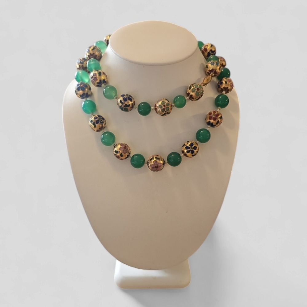 Rare Chinese Champleve Cloisonne Enamel Jadine/Green Chalcedony Beads Necklace. - Picture 8 of 8